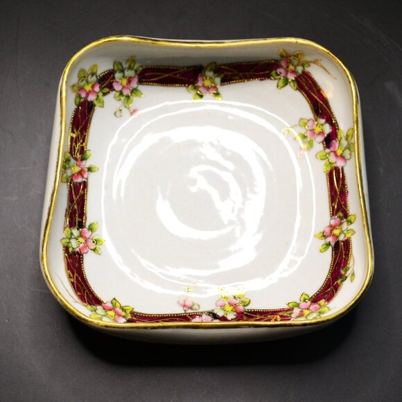 Antique Hand-Painted Nippon Square Dish Floral Ribbon Border Gold Trim Japan - Picture 4 of 7
